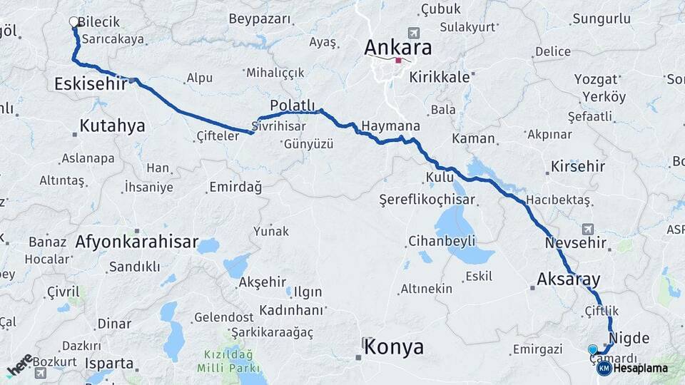 Niğde Bor Bilecik Arası Kaç Km - Yol Haritası