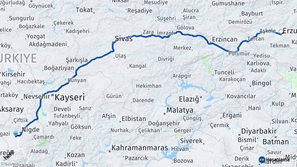Niğde Bor Erzurum Arası Kaç Km - Yol Haritası
