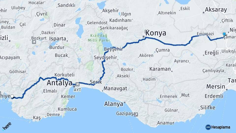 Niğde Bor Fethiye Muğla Arası Kaç Km - Yol Haritası
