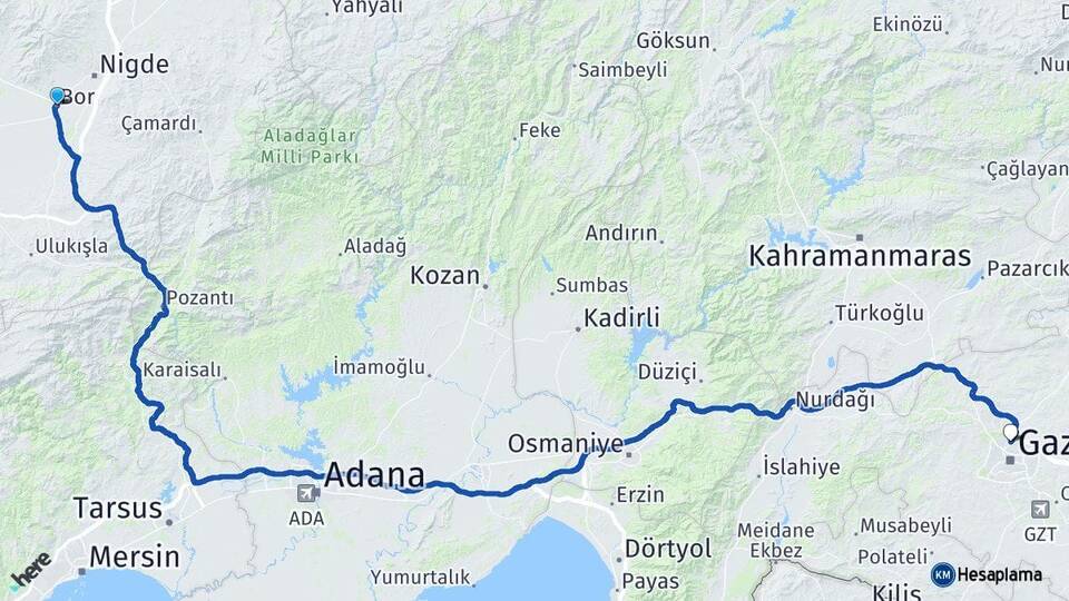 Niğde Bor Gaziantep Arası Kaç Km - Yol Haritası