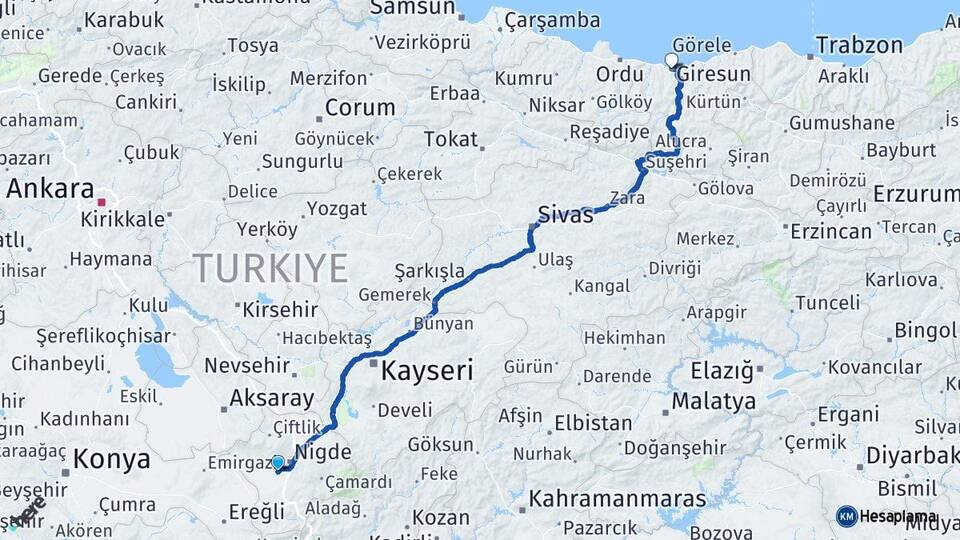 Niğde Bor Giresun Arası Kaç Km - Yol Haritası
