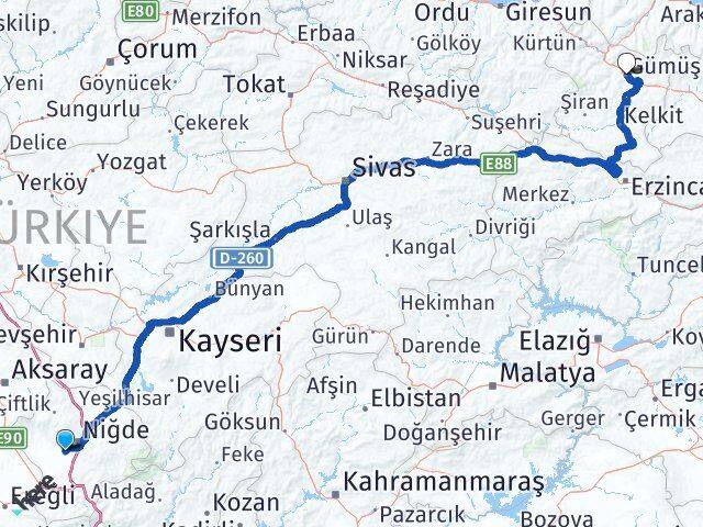 Niğde Bor Gümüşhane Arası Kaç Km - Yol Haritası