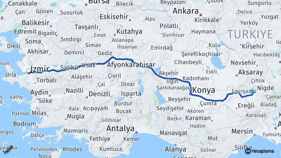 Niğde Bor İzmir Arası Kaç Km - Yol Haritası