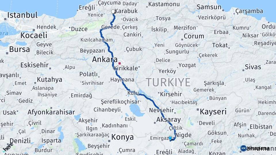 Niğde Bor Karabük Arası Kaç Km - Yol Haritası