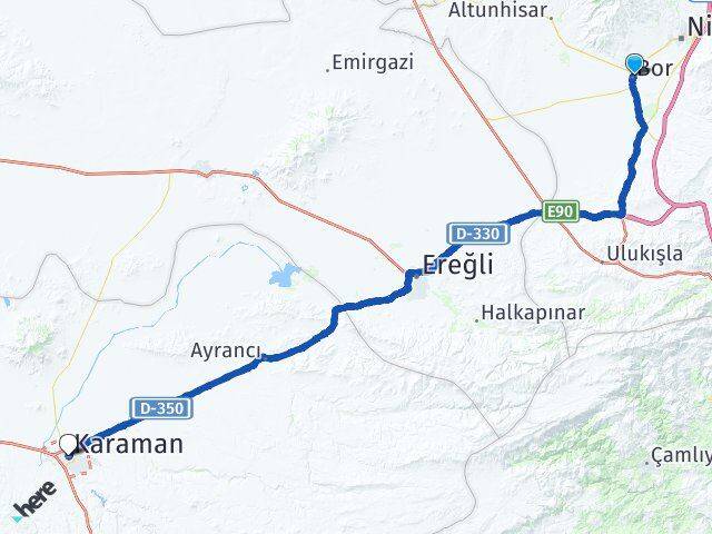 Niğde Bor Karaman Arası Kaç Km - Yol Haritası