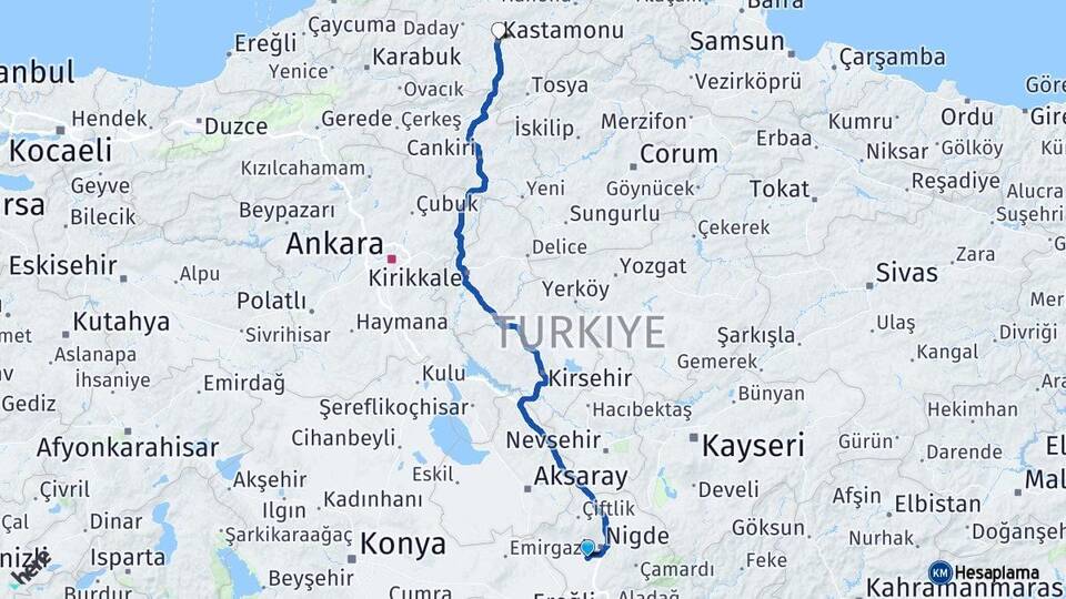Niğde Bor Kastamonu Arası Kaç Km - Yol Haritası