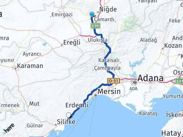 Niğde Bor Kızkalesi Erdemli Mersin Arası Kaç Km - Yol Haritası
