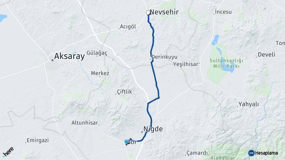 Niğde Bor Nevşehir Arası Kaç Km - Yol Haritası