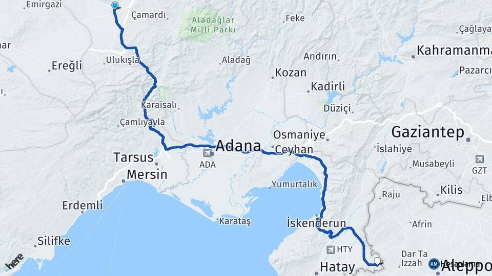 Niğde Bor Oğulpınar Reyhanlı Hatay Arası Kaç Km - Yol Haritası