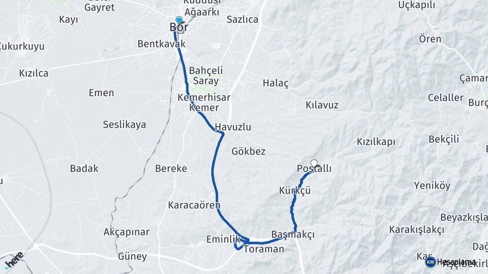 Niğde Bor Postallı Bor Arası Kaç Km - Yol Haritası