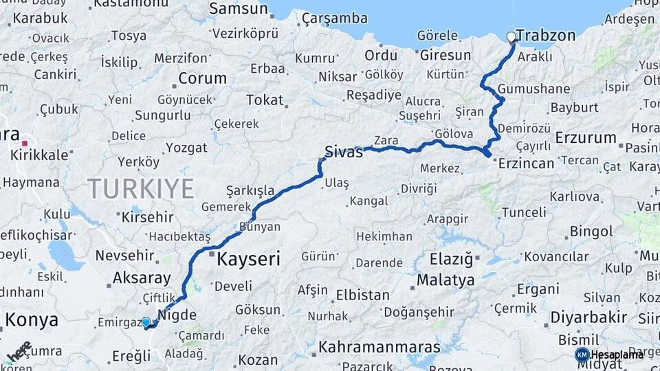 Niğde Bor Trabzon Arası Kaç Km - Yol Haritası