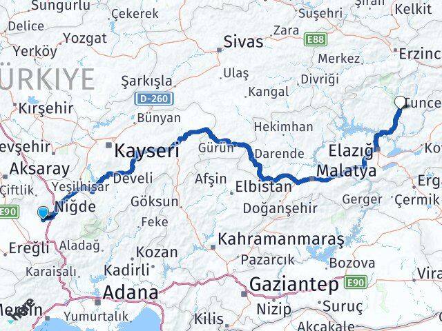 Niğde Bor Tunceli Arası Kaç Km - Yol Haritası