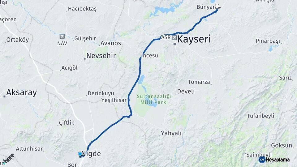 Niğde Bünyan Kayseri Arası Kaç Km - Yol Haritası