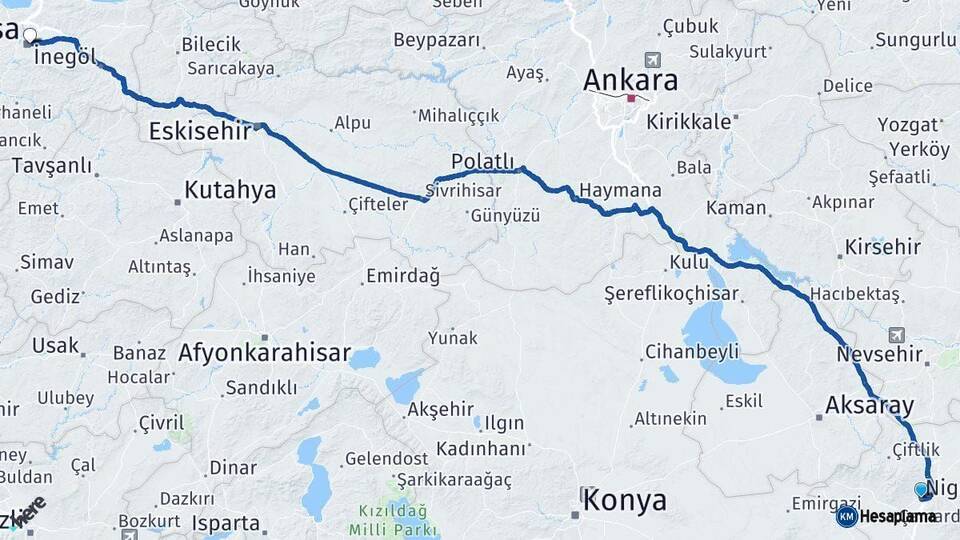 Niğde Bursa Arası Kaç Km - Yol Haritası