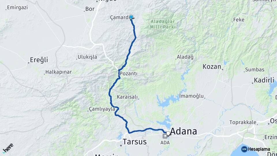 Niğde Çamardı Adana Arası Kaç Km - Yol Haritası