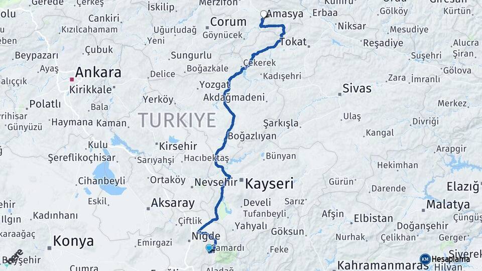 Niğde Çamardı Amasya Arası Kaç Km - Yol Haritası