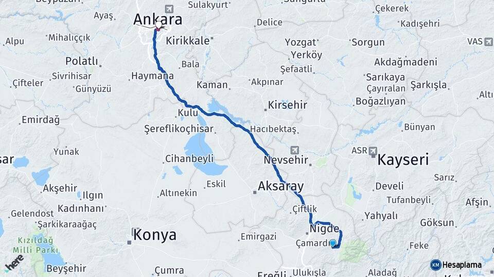 Niğde Çamardı Ankara Arası Kaç Km - Yol Haritası