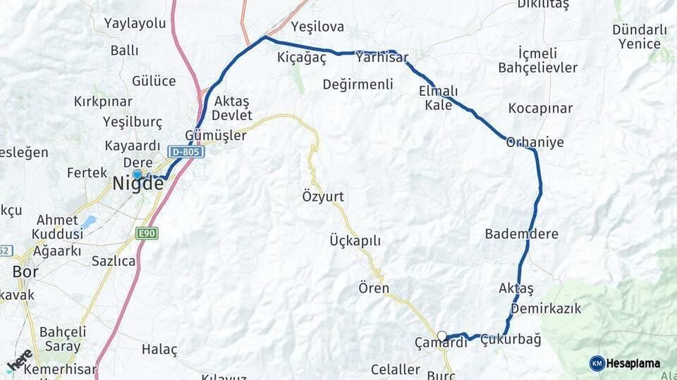Niğde Çamardı Arası Kaç Km - Yol Haritası