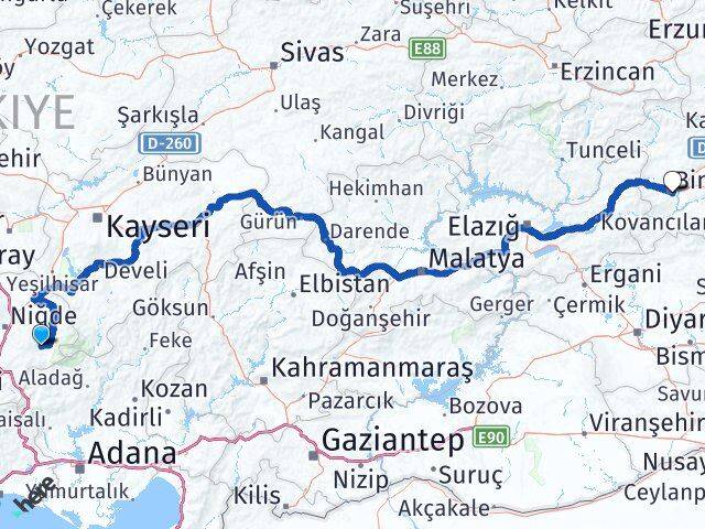 Niğde Çamardı Bingöl Arası Kaç Km - Yol Haritası