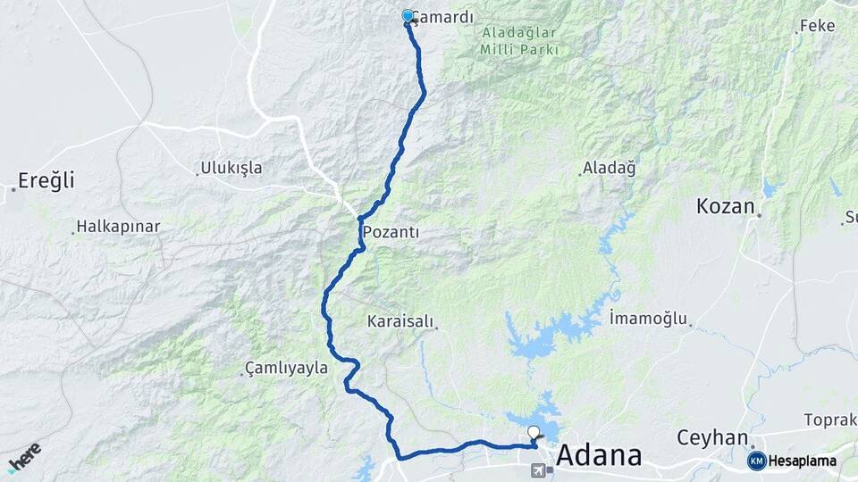 Niğde Çamardı Çukurova Adana Arası Kaç Km - Yol Haritası
