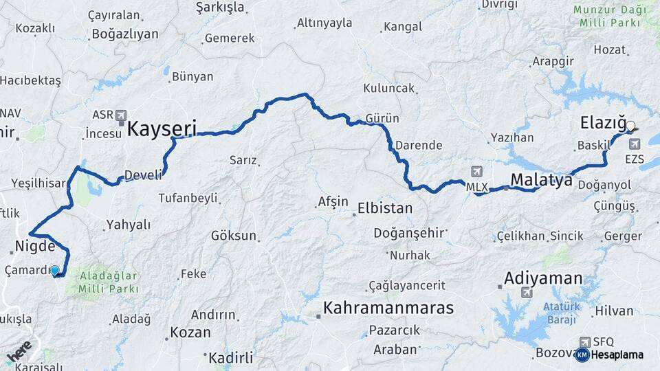 Niğde Çamardı Elazığ Arası Kaç Km - Yol Haritası