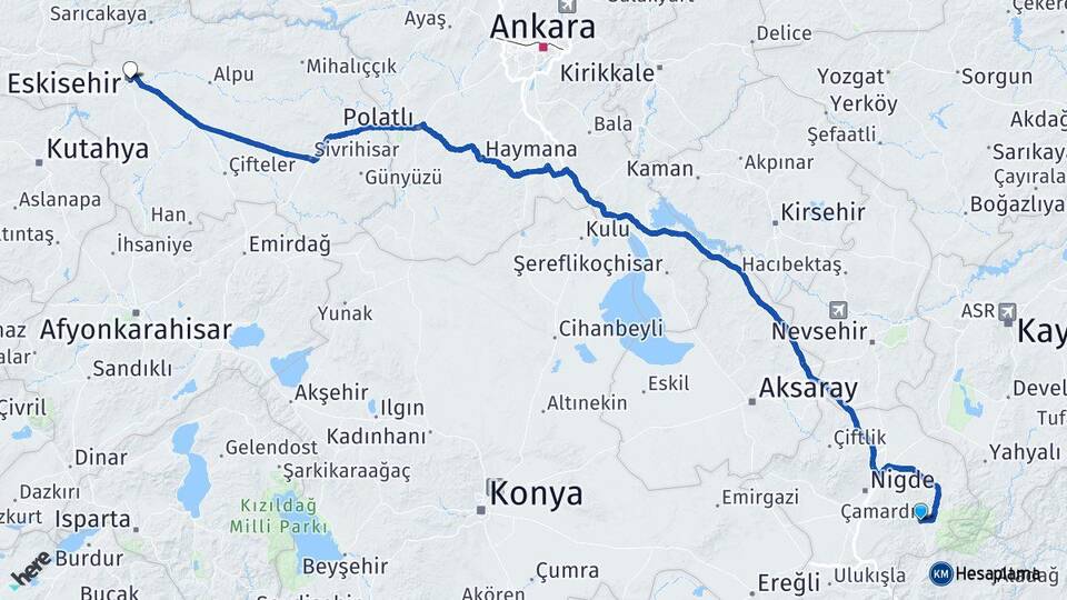 Niğde Çamardı Eskişehir Arası Kaç Km - Yol Haritası