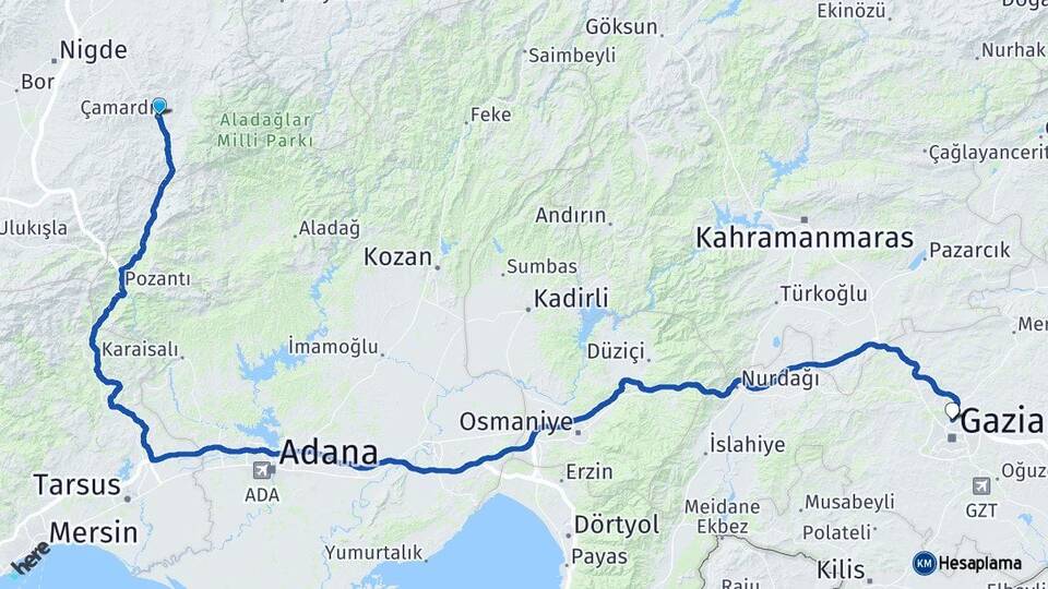 Niğde Çamardı Gaziantep Arası Kaç Km - Yol Haritası