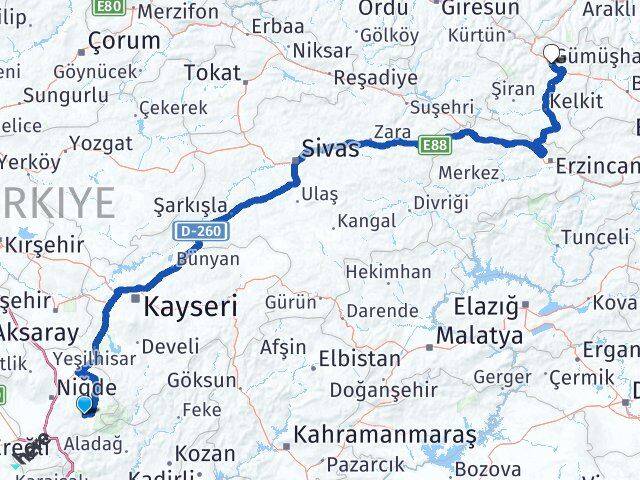 Niğde Çamardı Gümüşhane Arası Kaç Km - Yol Haritası
