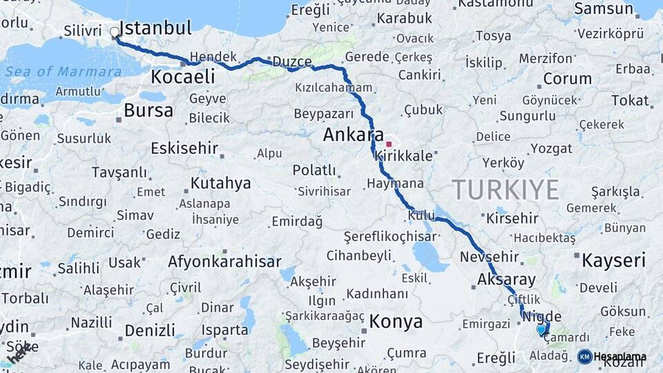 Niğde Çamardı İstanbul Arası Kaç Km - Yol Haritası