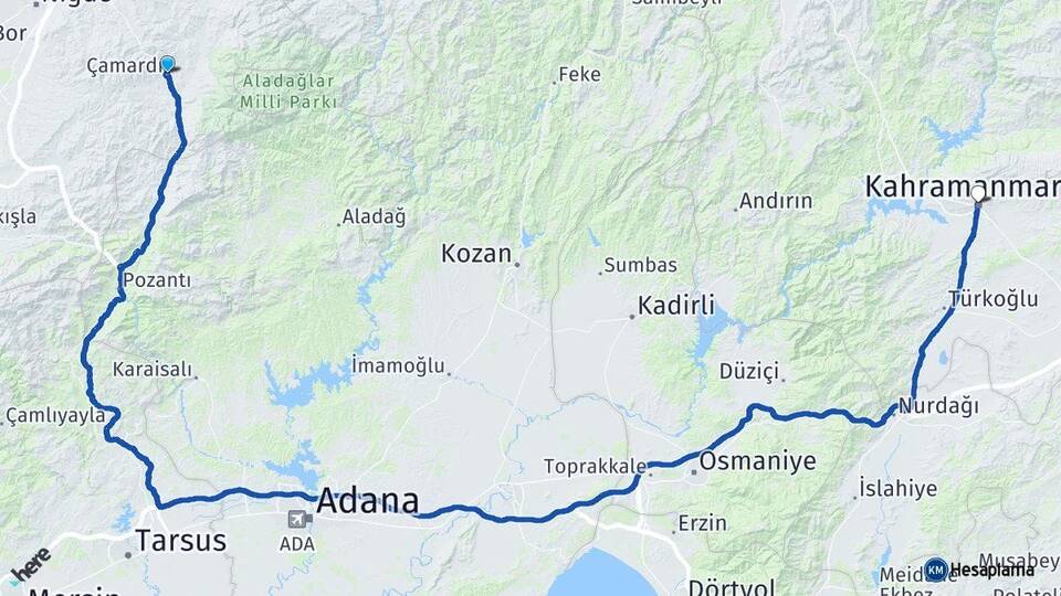 Niğde Çamardı Kahramanmaraş Arası Kaç Km - Yol Haritası