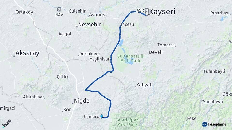 Niğde Çamardı Kayseri Arası Kaç Km - Yol Haritası