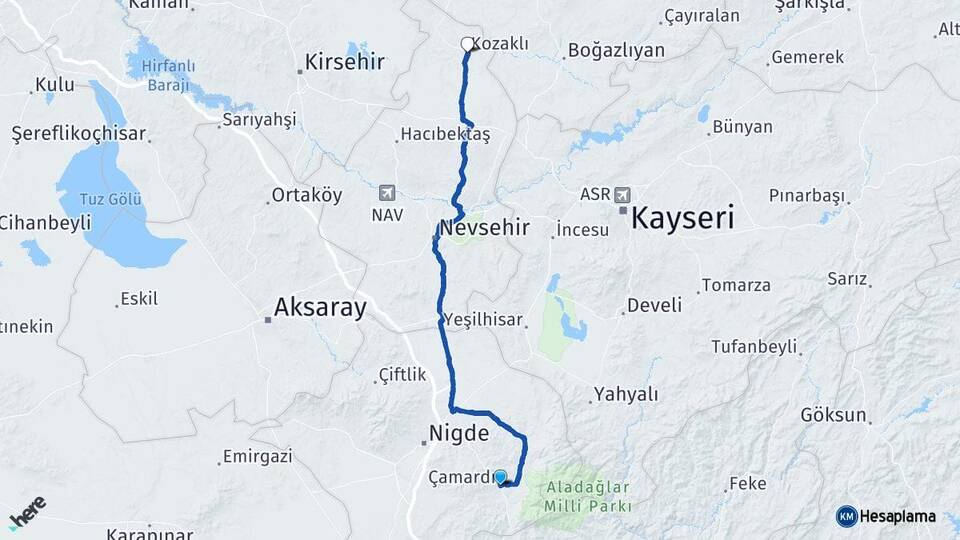 Niğde Çamardı Kozaklı Nevşehir Arası Kaç Km - Yol Haritası