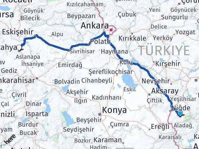 Niğde Çamardı Kütahya Arası Kaç Km - Yol Haritası