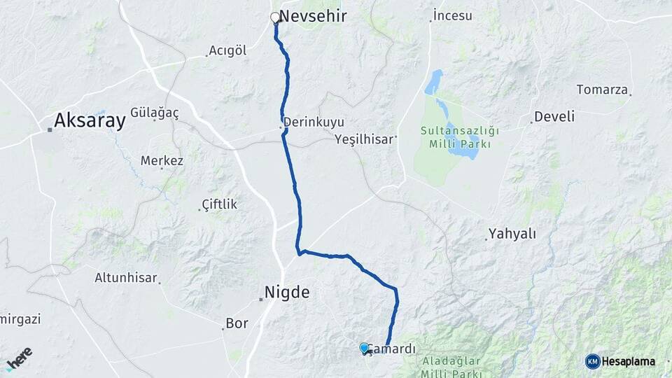 Niğde Çamardı Nevşehir Arası Kaç Km - Yol Haritası