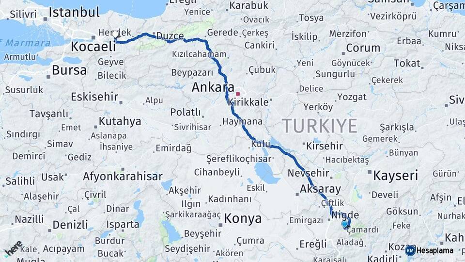 Niğde Çamardı Sakarya Arası Kaç Km - Yol Haritası