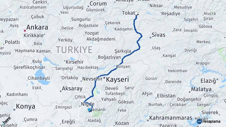 Niğde Çamardı Tokat Arası Kaç Km - Yol Haritası