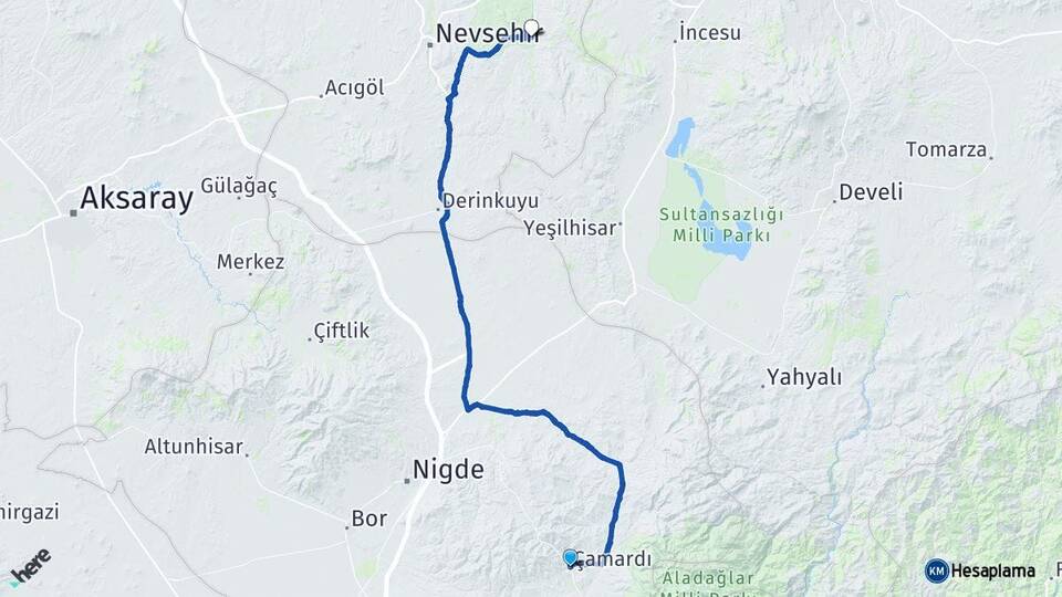 Niğde Çamardı Ürgüp Nevşehir Arası Kaç Km - Yol Haritası