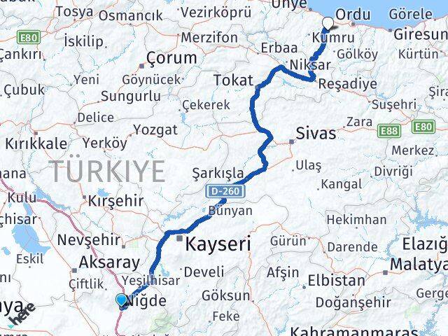 Niğde Çamaş Ordu Arası Kaç Km - Yol Haritası