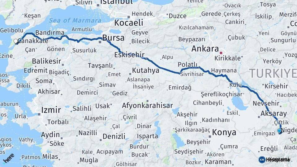 Niğde Çanakkale Arası Kaç Km - Yol Haritası