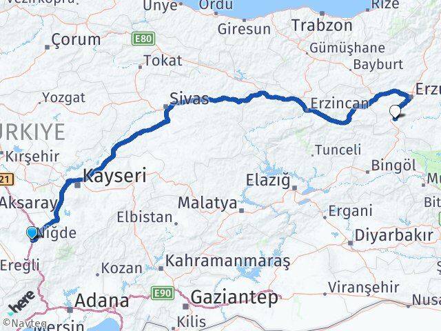 Niğde Çat Erzurum Arası Kaç Km - Yol Haritası