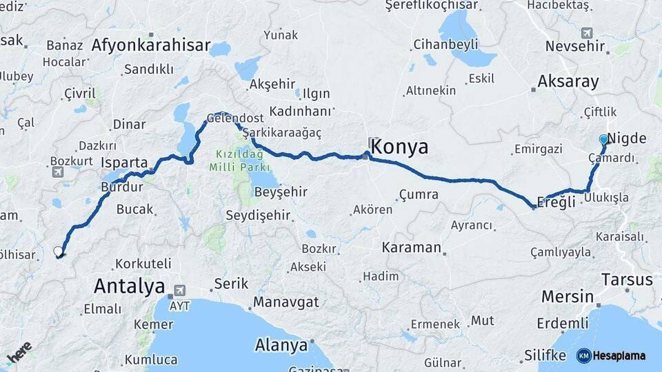 Niğde Çavdır Burdur Arası Kaç Km - Yol Haritası