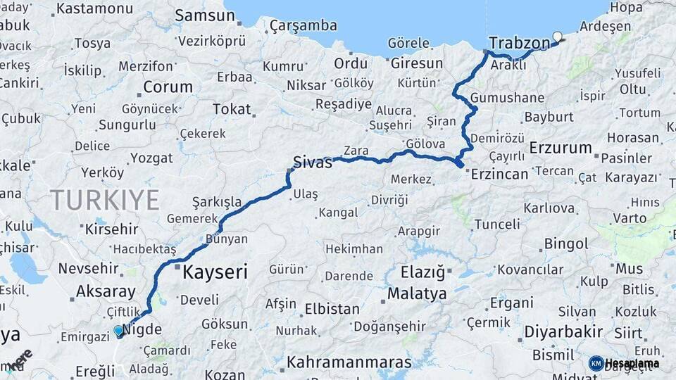 Niğde Çayeli Rize Arası Kaç Km - Yol Haritası