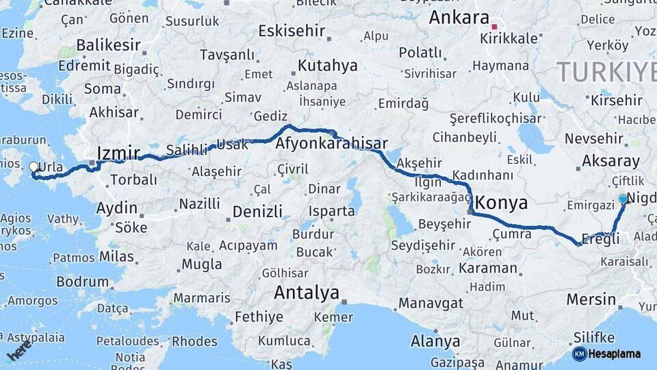 Niğde Çeşme İzmir Arası Kaç Km - Yol Haritası