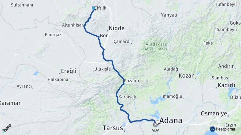 Niğde Çiftlik Adana Arası Kaç Km - Yol Haritası
