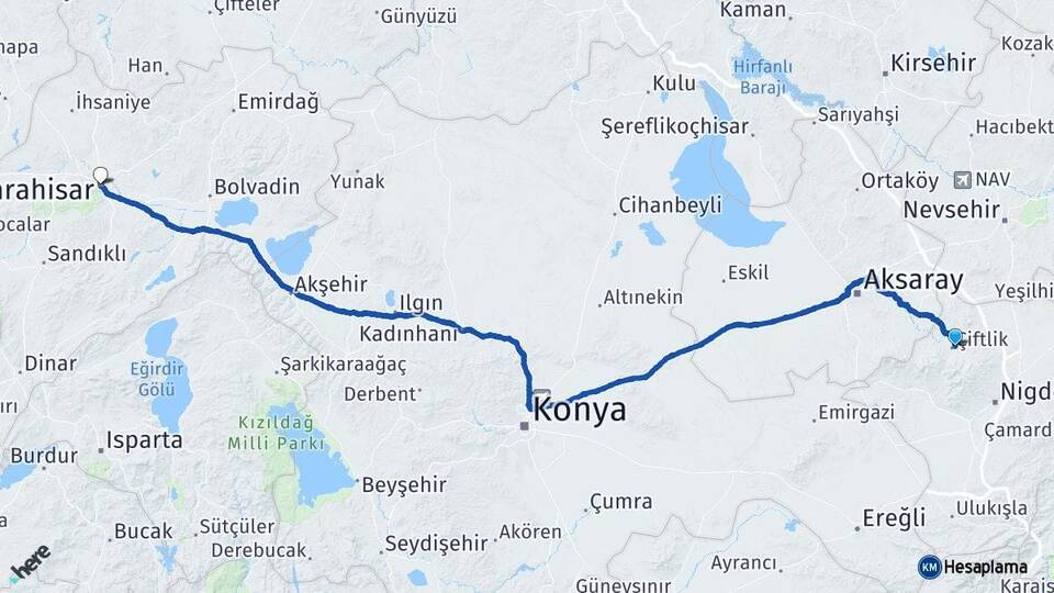 Niğde Çiftlik Afyonkarahisar Arası Kaç Km - Yol Haritası