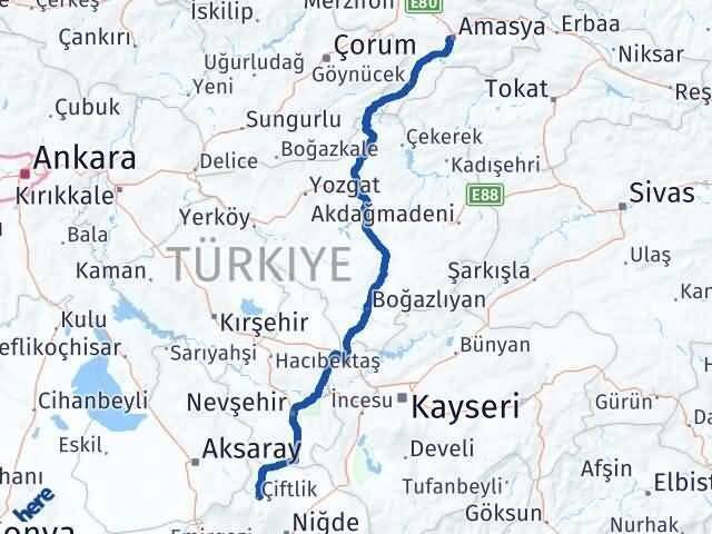 Niğde Çiftlik Amasya Arası Kaç Km - Yol Haritası