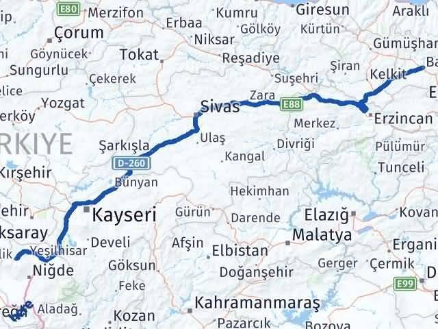 Niğde Çiftlik Bayburt Arası Kaç Km - Yol Haritası