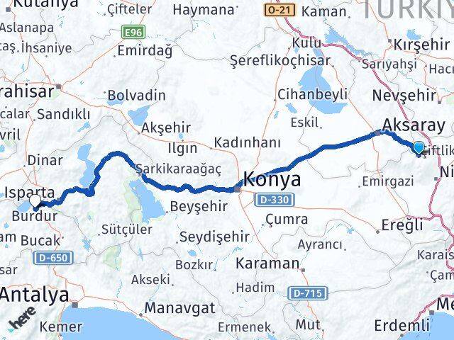 Niğde Çiftlik Burdur Arası Kaç Km - Yol Haritası