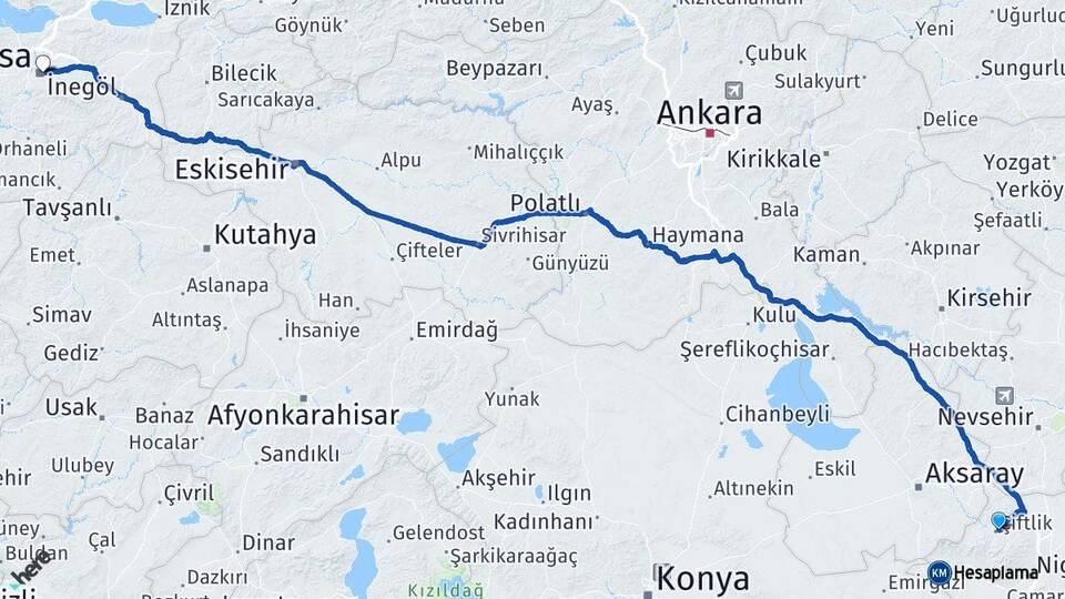Niğde Çiftlik Bursa Arası Kaç Km - Yol Haritası