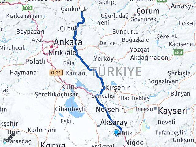 Niğde Çiftlik Çankırı Arası Kaç Km - Yol Haritası
